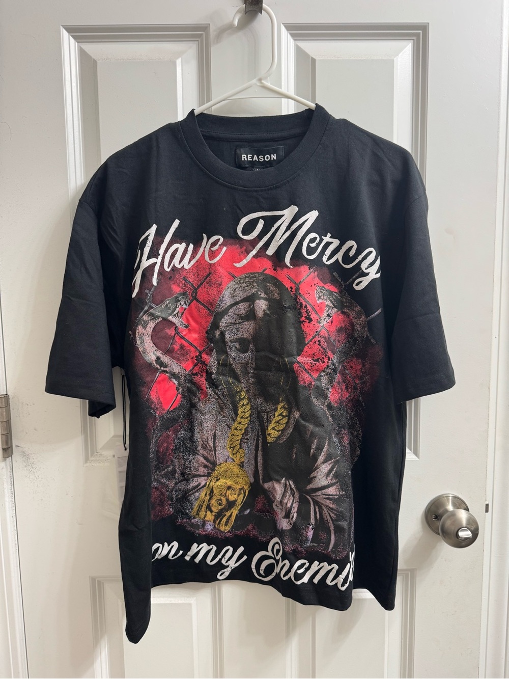 REASON Black Graphic 'Have Mercy' Tee with Red Accent - M